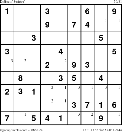 The grouppuzzles.com Difficult Sudoku puzzle for Friday March 8, 2024 with the first 3 steps marked