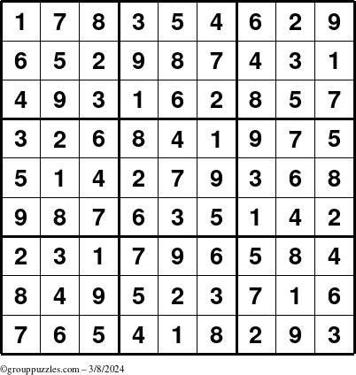 The grouppuzzles.com Answer grid for the Sudoku puzzle for Friday March 8, 2024
