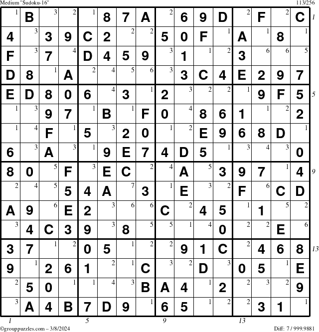 The grouppuzzles.com Medium Sudoku-16 puzzle for Friday March 8, 2024 with all 7 steps marked