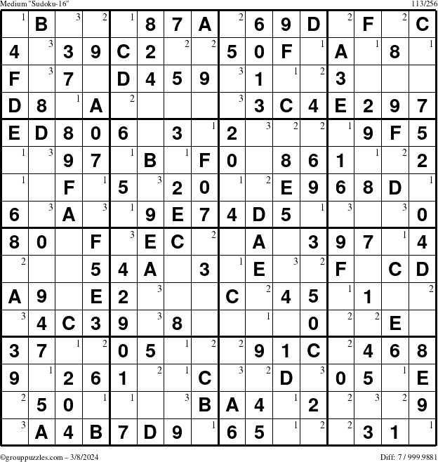 The grouppuzzles.com Medium Sudoku-16 puzzle for Friday March 8, 2024 with the first 3 steps marked