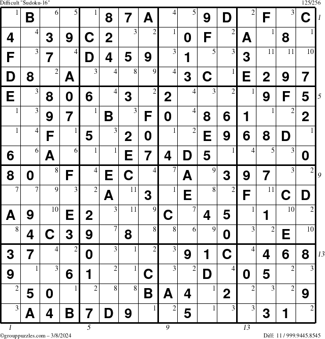 The grouppuzzles.com Difficult Sudoku-16 puzzle for Friday March 8, 2024 with all 11 steps marked
