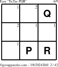The grouppuzzles.com Easy TicTac-PQR puzzle for Friday March 8, 2024 with the first 2 steps marked