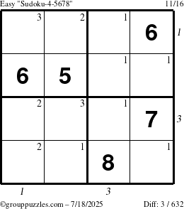 The grouppuzzles.com Easy Sudoku-4-5678 puzzle for Friday July 18, 2025, suitable for printing, with all 3 steps marked