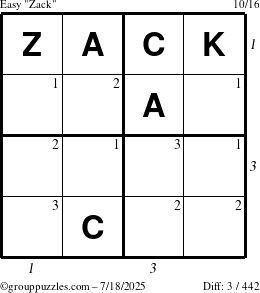 The grouppuzzles.com Easy Zack puzzle for Friday July 18, 2025, suitable for printing, with all 3 steps marked