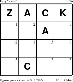 The grouppuzzles.com Easy Zack puzzle for Friday July 18, 2025 with the first 3 steps marked