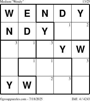 The grouppuzzles.com Medium Wendy puzzle for Friday July 18, 2025 with the first 3 steps marked