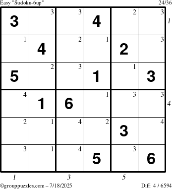 The grouppuzzles.com Easy Sudoku-6up puzzle for Friday July 18, 2025 with all 4 steps marked