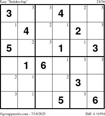 The grouppuzzles.com Easy Sudoku-6up puzzle for Friday July 18, 2025 with the first 3 steps marked