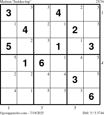The grouppuzzles.com Medium Sudoku-6up puzzle for Friday July 18, 2025, suitable for printing, with all 5 steps marked