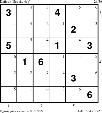 The grouppuzzles.com Difficult Sudoku-6up puzzle for Friday July 18, 2025 with all 7 steps marked