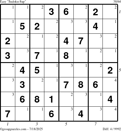 The grouppuzzles.com Easy Sudoku-8up puzzle for Friday July 18, 2025, suitable for printing, with all 4 steps marked