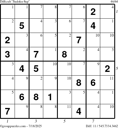 The grouppuzzles.com Difficult Sudoku-8up puzzle for Friday July 18, 2025 with all 11 steps marked