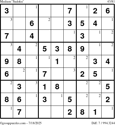 The grouppuzzles.com Medium Sudoku puzzle for Friday July 18, 2025 with the first 3 steps marked