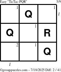 The grouppuzzles.com Easy TicTac-PQR puzzle for Friday July 18, 2025 with all 2 steps marked