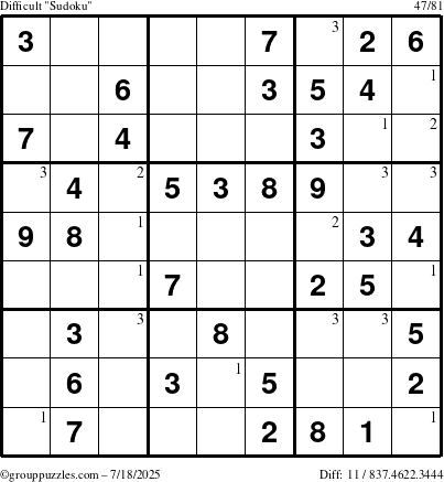The grouppuzzles.com Difficult Sudoku puzzle for Friday July 18, 2025 with the first 3 steps marked