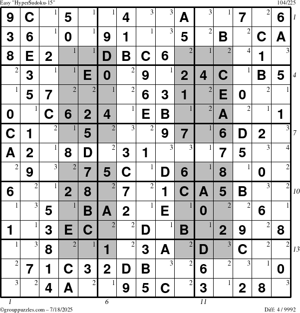 The grouppuzzles.com Easy HyperSudoku-15 puzzle for Friday July 18, 2025 with all 4 steps marked