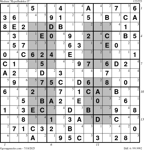 The grouppuzzles.com Medium HyperSudoku-15 puzzle for Friday July 18, 2025, suitable for printing, with all 6 steps marked
