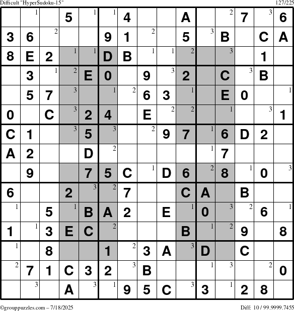 The grouppuzzles.com Difficult HyperSudoku-15 puzzle for Friday July 18, 2025 with the first 3 steps marked