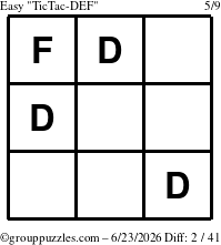 The grouppuzzles.com Easy TicTac-DEF puzzle for Tuesday June 23, 2026