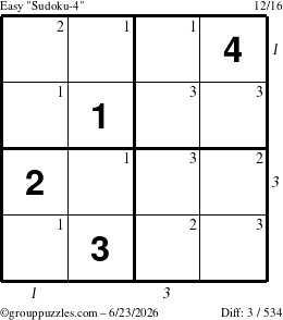 The grouppuzzles.com Easy Sudoku-4 puzzle for Tuesday June 23, 2026 with all 3 steps marked