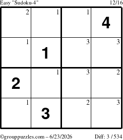The grouppuzzles.com Easy Sudoku-4 puzzle for Tuesday June 23, 2026 with the first 3 steps marked