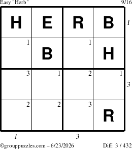 The grouppuzzles.com Easy Herb puzzle for Tuesday June 23, 2026, suitable for printing, with all 3 steps marked