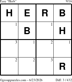 The grouppuzzles.com Easy Herb puzzle for Tuesday June 23, 2026 with the first 3 steps marked
