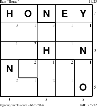 The grouppuzzles.com Easy Honey puzzle for Tuesday June 23, 2026 with all 3 steps marked