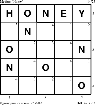 The grouppuzzles.com Medium Honey puzzle for Tuesday June 23, 2026, suitable for printing, with all 4 steps marked