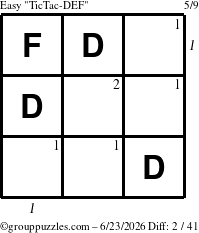 The grouppuzzles.com Easy TicTac-DEF puzzle for Tuesday June 23, 2026, suitable for printing, with all 2 steps marked
