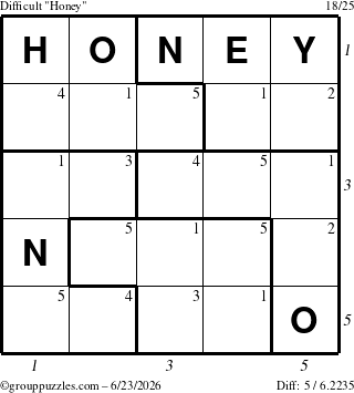 The grouppuzzles.com Difficult Honey puzzle for Tuesday June 23, 2026 with all 5 steps marked
