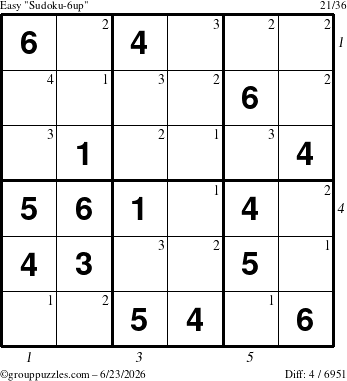 The grouppuzzles.com Easy Sudoku-6up puzzle for Tuesday June 23, 2026 with all 4 steps marked