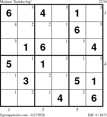 The grouppuzzles.com Medium Sudoku-6up puzzle for Tuesday June 23, 2026 with all 4 steps marked