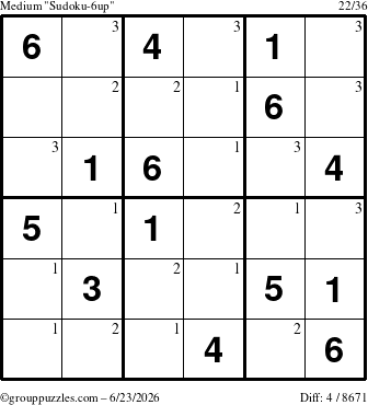 The grouppuzzles.com Medium Sudoku-6up puzzle for Tuesday June 23, 2026 with the first 3 steps marked