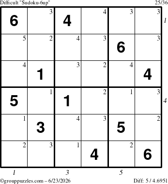 The grouppuzzles.com Difficult Sudoku-6up puzzle for Tuesday June 23, 2026, suitable for printing, with all 5 steps marked
