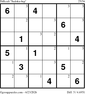 The grouppuzzles.com Difficult Sudoku-6up puzzle for Tuesday June 23, 2026 with the first 3 steps marked