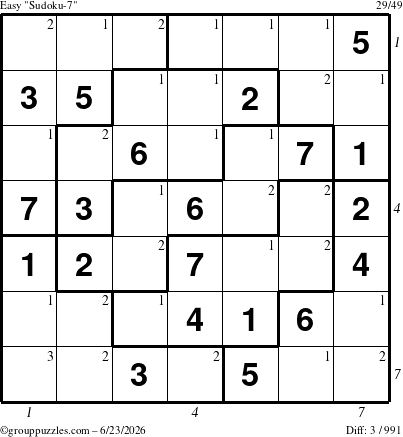 The grouppuzzles.com Easy Sudoku-7 puzzle for Tuesday June 23, 2026 with all 3 steps marked