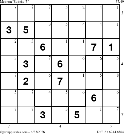 The grouppuzzles.com Medium Sudoku-7 puzzle for Tuesday June 23, 2026 with all 8 steps marked