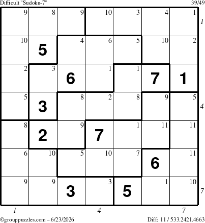 The grouppuzzles.com Difficult Sudoku-7 puzzle for Tuesday June 23, 2026, suitable for printing, with all 11 steps marked