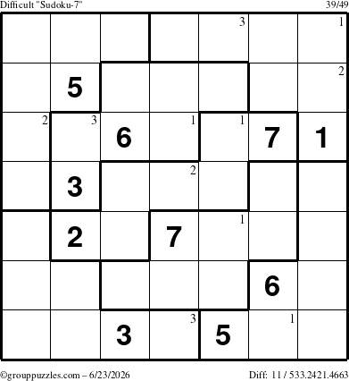 The grouppuzzles.com Difficult Sudoku-7 puzzle for Tuesday June 23, 2026 with the first 3 steps marked