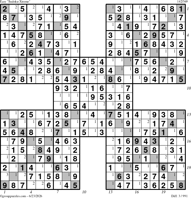 The grouppuzzles.com Easy Sudoku-Xtreme puzzle for Tuesday June 23, 2026 with all 3 steps marked