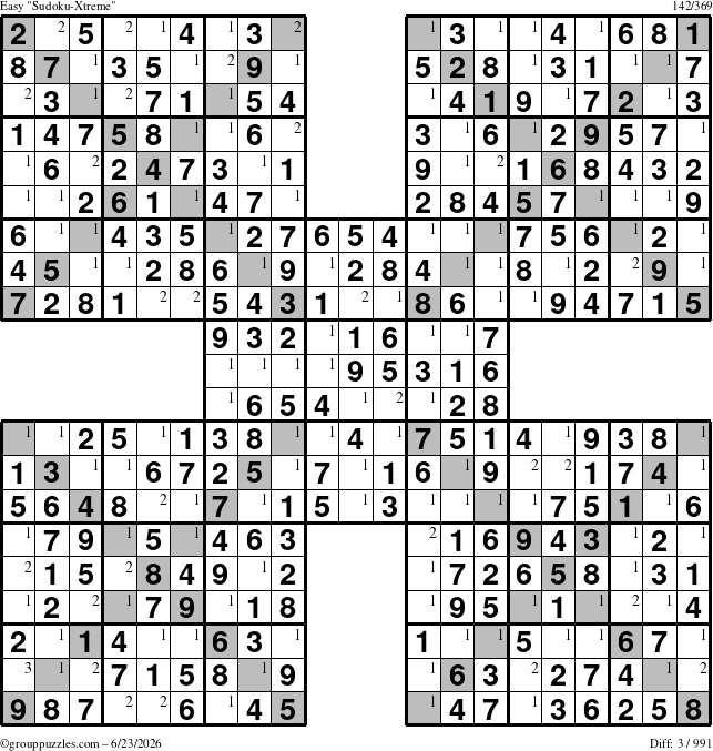 The grouppuzzles.com Easy Sudoku-Xtreme puzzle for Tuesday June 23, 2026 with the first 3 steps marked