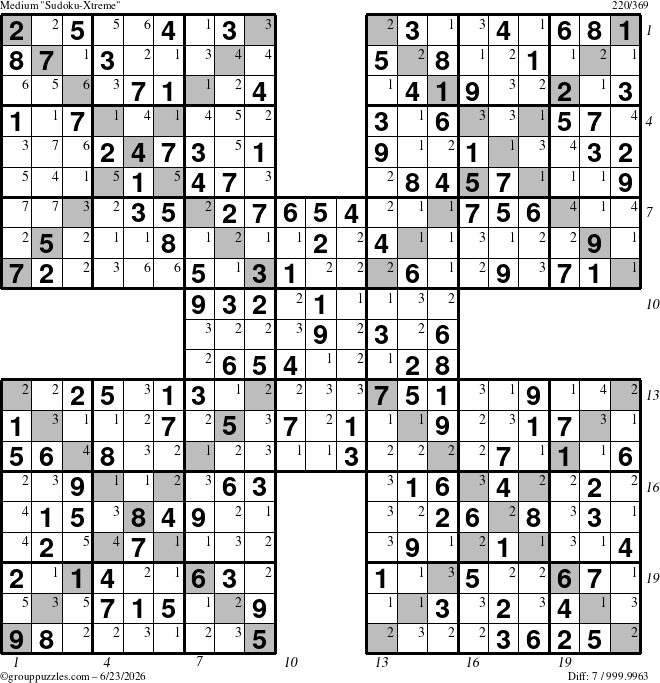 The grouppuzzles.com Medium Sudoku-Xtreme puzzle for Tuesday June 23, 2026, suitable for printing, with all 7 steps marked