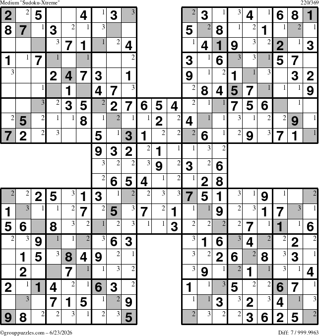 The grouppuzzles.com Medium Sudoku-Xtreme puzzle for Tuesday June 23, 2026 with the first 3 steps marked