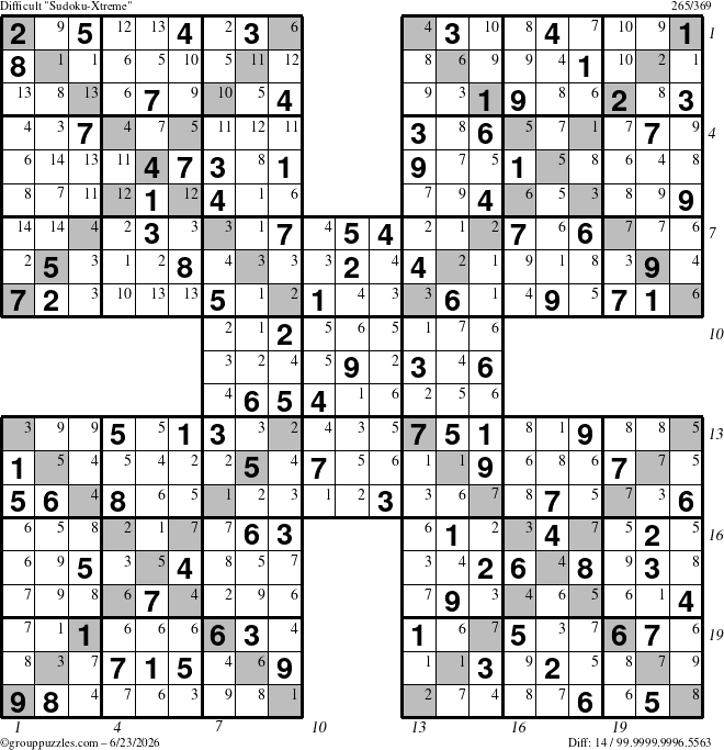 The grouppuzzles.com Difficult Sudoku-Xtreme puzzle for Tuesday June 23, 2026 with all 14 steps marked