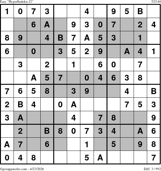 The grouppuzzles.com Easy HyperSudoku-12 puzzle for Tuesday June 23, 2026