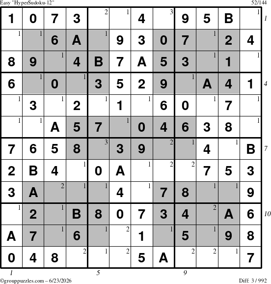 The grouppuzzles.com Easy HyperSudoku-12 puzzle for Tuesday June 23, 2026 with all 3 steps marked