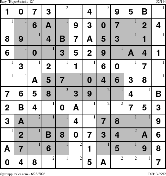 The grouppuzzles.com Easy HyperSudoku-12 puzzle for Tuesday June 23, 2026 with the first 3 steps marked