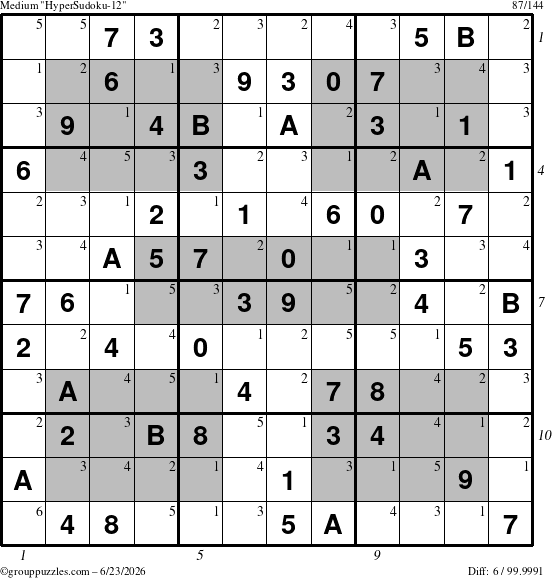 The grouppuzzles.com Medium HyperSudoku-12 puzzle for Tuesday June 23, 2026 with all 6 steps marked