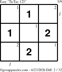 The grouppuzzles.com Easy TicTac-123 puzzle for Tuesday June 23, 2026, suitable for printing, with all 2 steps marked